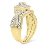 0.60 Carat (ctw) 10K Yellow Gold Round Cut White Diamond Ladies Bridal Swirl Halo Style Split Shank Engagement Ring With Matching Band Set