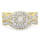 0.60 Carat (ctw) 10K Yellow Gold Round Cut White Diamond Ladies Bridal Swirl Halo Style Split Shank Engagement Ring With Matching Band Set
