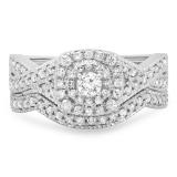 0.60 Carat (ctw) 14K White Gold Round Cut White Diamond Ladies Bridal Swirl Halo Style Split Shank Engagement Ring With Matching Band Set