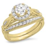 0.90 Carat (ctw) 18K Yellow Gold Round Cut White Diamond Ladies Bridal Halo Vintage Style Engagement Ring With Matching Band Set