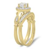 0.90 Carat (ctw) 18K Yellow Gold Round Cut White Diamond Ladies Bridal Halo Vintage Style Engagement Ring With Matching Band Set