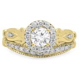 0.90 Carat (ctw) 18K Yellow Gold Round Cut White Diamond Ladies Bridal Halo Vintage Style Engagement Ring With Matching Band Set
