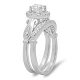 1.35 Carat (ctw) 10K White Gold Round Cut White Cubic Zirconia Ladies Bridal Halo Vintage Style Engagement Ring With Matching Band Set