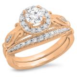 1.35 Carat (ctw) 14K Rose Gold Round Cut White Cubic Zirconia Ladies Bridal Halo Vintage Style Engagement Ring With Matching Band Set