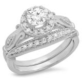 1.35 Carat (ctw) 14K White Gold Round Cut White Cubic Zirconia Ladies Bridal Halo Vintage Style Engagement Ring With Matching Band Set
