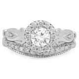 1.35 Carat (ctw) 14K White Gold Round Cut White Cubic Zirconia Ladies Bridal Halo Vintage Style Engagement Ring With Matching Band Set