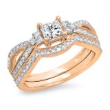 1.00 Carat (ctw) 10K Rose Gold Princess & Round Cut White Diamond Ladies Bridal Split Shank Engagement Ring With Matching Band Set 1 CT