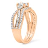 1.00 Carat (ctw) 10K Rose Gold Princess & Round Cut White Diamond Ladies Bridal Split Shank Engagement Ring With Matching Band Set 1 CT