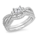 1.00 Carat (ctw) 18K White Gold Princess & Round Cut White Diamond Ladies Bridal Split Shank Engagement Ring With Matching Band Set 1 CT