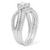 1.00 Carat (ctw) 18K White Gold Princess & Round Cut White Diamond Ladies Bridal Split Shank Engagement Ring With Matching Band Set 1 CT