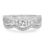 1.00 Carat (ctw) 18K White Gold Princess & Round Cut White Diamond Ladies Bridal Split Shank Engagement Ring With Matching Band Set 1 CT