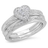 0.25 Carat (ctw) 10K White Gold Round Cut White Diamond Ladies Bridal Heart Shaped Engagement Ring With Matching Band Set 1/4 CT