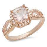 1.60 Carat (ctw) 14K Rose Gold Cushion Morganite & Round White Diamond Ladies Bridal Halo Style Split Shank Engagement Ring