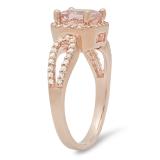 1.60 Carat (ctw) 14K Rose Gold Cushion Morganite & Round White Diamond Ladies Bridal Halo Style Split Shank Engagement Ring