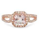 1.60 Carat (ctw) 14K Rose Gold Cushion Morganite & Round White Diamond Ladies Bridal Halo Style Split Shank Engagement Ring