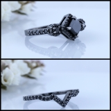1.60 Carat (ctw) Black Rhodium Plated Sterling Silver Princess & Round Black Diamond Ladies Bridal Halo Style Engagement Ring With Matching Band Set