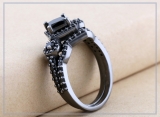 1.60 Carat (ctw) Black Rhodium Plated Sterling Silver Princess & Round Black Diamond Ladies Bridal Halo Style Engagement Ring With Matching Band Set