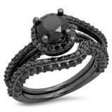 2.70 Carat (ctw) Black Rhodium Plated Sterling Silver Round Black Diamond Ladies Bridal Halo Swirl Style Engagement Ring With Matching Band Set
