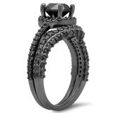 2.70 Carat (ctw) Black Rhodium Plated Sterling Silver Round Black Diamond Ladies Bridal Halo Swirl Style Engagement Ring With Matching Band Set