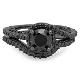 2.70 Carat (ctw) Black Rhodium Plated Sterling Silver Round Black Diamond Ladies Bridal Halo Swirl Style Engagement Ring With Matching Band Set