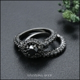 3.10 Carat (ctw) Black Rhodium Plated Sterling Silver Round Black Diamond Ladies Bridal Halo Style Engagement Ring With Matching Band Set