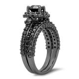 3.10 Carat (ctw) Black Rhodium Plated Sterling Silver Round Black Diamond Ladies Bridal Halo Style Engagement Ring With Matching Band Set