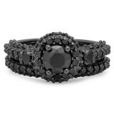 3.10 Carat (ctw) Black Rhodium Plated Sterling Silver Round Black Diamond Ladies Bridal Halo Style Engagement Ring With Matching Band Set