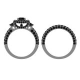 3.10 Carat (ctw) Black Rhodium Plated Sterling Silver Round Black Diamond Ladies Bridal Halo Style Engagement Ring With Matching Band Set