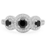 1.35 Carat (ctw) 10K White Gold Round Black Sapphire & White Cubic Zirconia CZ Classic 3 Stone Bridal Engagement Ring