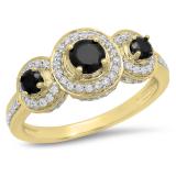 1.35 Carat (ctw) 14K Yellow Gold Round Black Sapphire & White Cubic Zirconia CZ Classic 3 Stone Bridal Engagement Ring