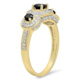 1.35 Carat (ctw) 14K Yellow Gold Round Black Sapphire & White Cubic Zirconia CZ Classic 3 Stone Bridal Engagement Ring