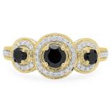 1.35 Carat (ctw) 14K Yellow Gold Round Black Sapphire & White Cubic Zirconia CZ Classic 3 Stone Bridal Engagement Ring