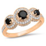1.35 Carat (ctw) 18K Rose Gold Round Black Sapphire & White Cubic Zirconia CZ Classic 3 Stone Bridal Engagement Ring