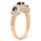 1.35 Carat (ctw) 18K Rose Gold Round Black Sapphire & White Cubic Zirconia CZ Classic 3 Stone Bridal Engagement Ring