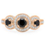1.35 Carat (ctw) 18K Rose Gold Round Black Sapphire & White Cubic Zirconia CZ Classic 3 Stone Bridal Engagement Ring