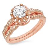 0.90 Carat (ctw) 10K Rose Gold Round White Moissanite & Real Diamond Ladies Bridal Halo Style Engagement Ring With Matching Band Set