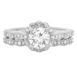 0.90 Carat (ctw) 10K White Gold Round White Moissanite & Real Diamond Ladies Bridal Halo Style Engagement Ring With Matching Band Set