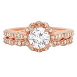 0.90 Carat (ctw) 18K Rose Gold Round White Moissanite & Real Diamond Ladies Bridal Halo Style Engagement Ring With Matching Band Set