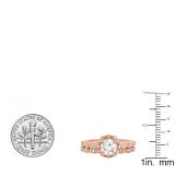 0.90 Carat (ctw) 18K Rose Gold Round White Moissanite & Real Diamond Ladies Bridal Halo Style Engagement Ring With Matching Band Set