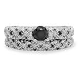 1.45 Carat (ctw) 10K White Gold Round Cut Black Diamond Ladies Bridal Vintage Style Engagement Ring With Matching Band Set 1 1/2 CT