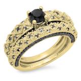 1.45 Carat (ctw) 10K Yellow Gold Round Cut Black Diamond Ladies Bridal Vintage Style Engagement Ring With Matching Band Set 1 1/2 CT