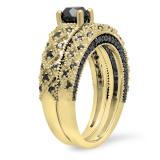 1.45 Carat (ctw) 10K Yellow Gold Round Cut Black Diamond Ladies Bridal Vintage Style Engagement Ring With Matching Band Set 1 1/2 CT