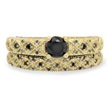 1.45 Carat (ctw) 10K Yellow Gold Round Cut Black Diamond Ladies Bridal Vintage Style Engagement Ring With Matching Band Set 1 1/2 CT