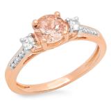 1.00 Carat (ctw) 14K Rose Gold Round Cut Morganite White Sapphire & White Diamond Ladies Bridal 3 Stone Engagement Ring 1 CT