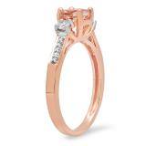1.00 Carat (ctw) 14K Rose Gold Round Cut Morganite White Sapphire & White Diamond Ladies Bridal 3 Stone Engagement Ring 1 CT
