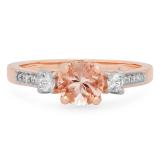 1.00 Carat (ctw) 14K Rose Gold Round Cut Morganite White Sapphire & White Diamond Ladies Bridal 3 Stone Engagement Ring 1 CT