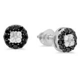 0.35 Carat (ctw) 10K White Gold Real Round Cut Black & White Diamond Ladies Cluster Style Stud Earrings 1/3 CT