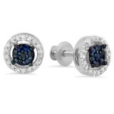 0.30 Carat (ctw) 14K White Gold Blue Sapphire & White Diamond Ladies Cluster Stud Earrings 1/3 CT