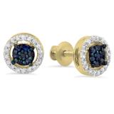 0.30 Carat (ctw) 14K Yellow Gold Blue Sapphire & White Diamond Ladies Cluster Stud Earrings 1/3 CT