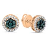 0.45 Carat (ctw) 14K Rose Gold Blue & White Diamond Ladies Cluster Flower Stud Earrings 1/2 CT